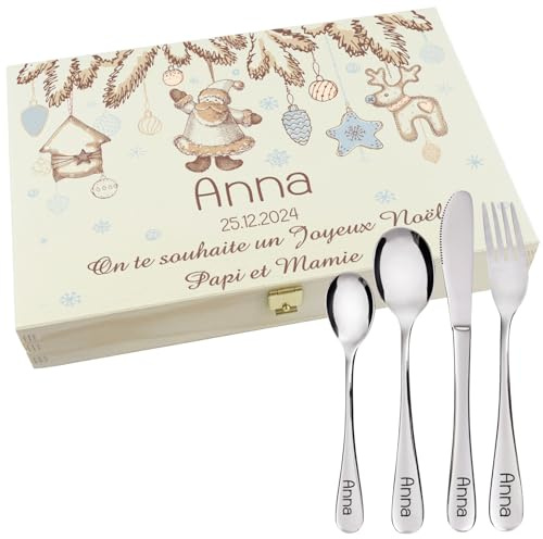 Gravure Events - Coffret en bois avec 4 Couverts personnalisés pour enfant - prénom gravé en FRANCE - Cadeau pour le 1er Noël fille ou garçon - Premier Noël de bébé modèle PèreNoel