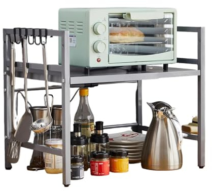 Pantanal Expandable 2 Tiers Microwave Oven Shelf Stand, Countertop Kitchen Spice Racks Grey Freestanding Metal Adjustable Unit Storage Shelving Printer Stand Home Office Desktop (2 tiers grey)
