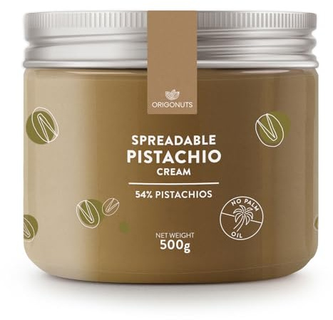 ORIGONUTS - Crema de pistacho - Pasta de pistacho - Azucarada, 54% de pistachos, sin aceite de palma ni colorantes - Para cremas, postres, untables, helados, chocolate Dubai - 500g