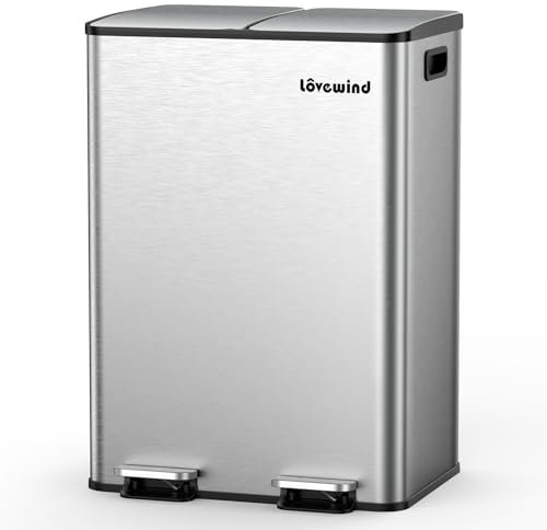 Lovewind Mülleimer, 2 x 30L Mülleimer Küche, Doppeleimer für Recycling und Abfall, Silber, Mülleimer aus Edelstahl mit Deckel und Inneneimern, Großes Fassungsvermögen, Deckel mit Soft-Close-Funktion