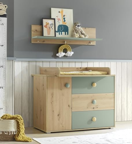 Wickelkommode >Birta< 2er-Set, Kommode (120x99,3x77,6 cm), mit Wickelaufsatz, Wandboard (120x30x25,5 cm), 3 Schubladen und Stauraum im modernen Design für das Babyzimmer