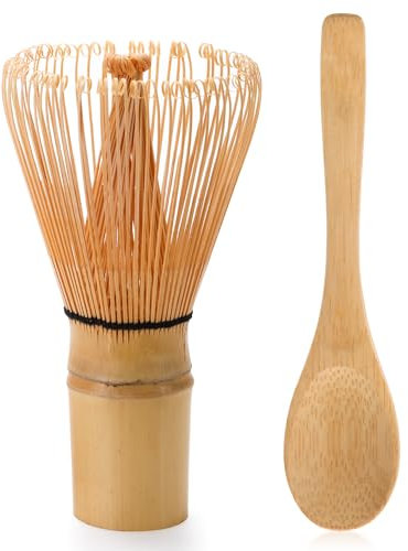 DiDiBirDi Batidor de matcha de bambú hecho a mano, agitador tradicional japonés Chasen Matcha, cuchara, 100% hecho a mano de bambú natural (2 piezas)