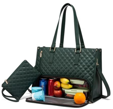 ASIAD 2-in-1 Convertible Lunch Bag & Work Bag, Large Shopping Bag with Insulated Lunch Compartment, Green