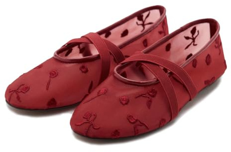 CRETUAO Balettnät för kvinnor, Mode Andningsbar Tyll Blommig Broderade Ballerinas, Casual Bekväma Elastiska Korsband Mary Jane Flats,Red,40 EU