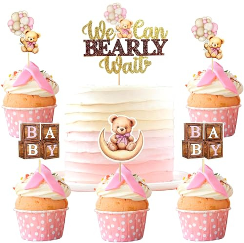 Ovanda 13 Stück Rosa Bär Cupcake Topper, Baby Shower Kuchendekoration,Mädchen Babyparty Kuchen Tortendeko,Oh Baby Cake Topper,Bären Gender Reveal Geburtstagstorte,Topper Geburtstag Cake,Bär Tortendeko