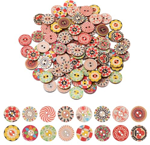 100 Stück Bunte Holzknöpf 15 mm Vintage Holz Nähen Blume Knöpfe 2 Löcher Runde Holzknöpfe zum Basteln Retro Harz Holzknöpfe NäHen KnöPfe Blume Malerei Geometrishes Muster zum DIY Basteln