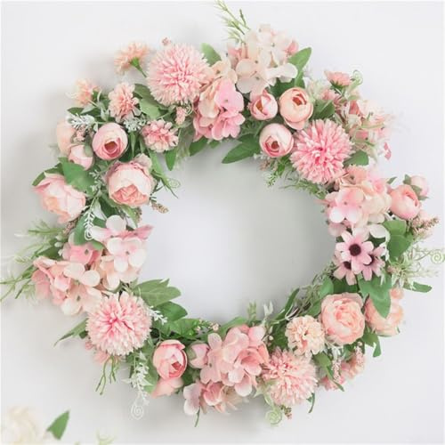 Whychstore - Couronne d'hortensia rose artificielle de 38 cm, couronne de pivoine en soie avec feuilles vertes, couronne de porte d'entrée de bienvenue pour mariage, mur, décoration d'intérieur