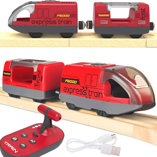 TOPLIVING Motorisierter Holzschienenzug, Ferngesteuerter Zug mit Magnetverbindung, Batteriebetriebene Lokomotivzüge für Kleinkinder, Kompatibel mit Thomas, Brio, Chuggington (Rot)