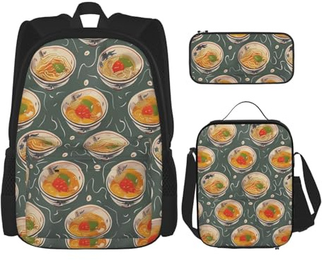 KCGSDEGV Ensemble de 3 sacs d'école avec sac à déjeuner et trousse à crayons - Motif floral et crâne - Pour adolescentes, filles et garçons, Coquetier Noodle Ramen, Taille unique, Sacs à dos de jour