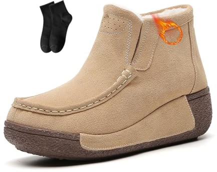 POIOZXD Damen Plateau-Slipper zum Reinschlüpfen, bequem, Wildleder, Mokassins, Stiefeletten, runde Zehenpartie, Pelzfutter, warm, weich, rutschfest, Keilstiefel, leicht, Winter, Outdoor, Schneestiefel