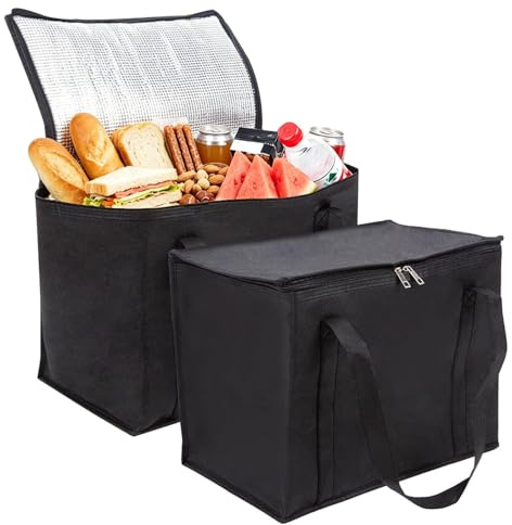 2 Pack Cool Bag, Medium Thermal Bags for Hot Food Delivery, Insulated Cooler Bags with Dual Zips, Reusable Foldable Picnic Bag for Camping BBQ Beach Grocery Shopping(30×25×25CM Black)