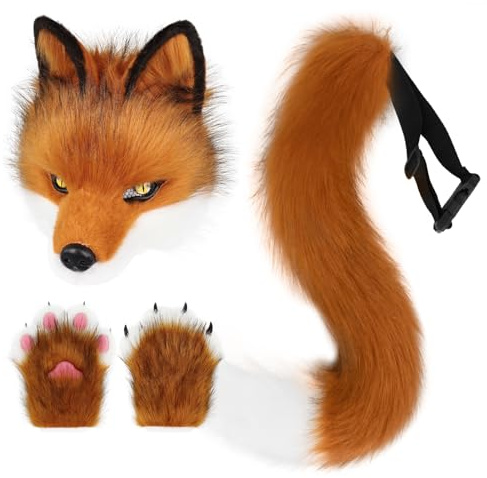 hbbhml Plüsch Kunstfell Tier Hund Wolf Maske Pfotenhandschuhe Fuchsschwanz Set Halloween Kostüm Accessoires