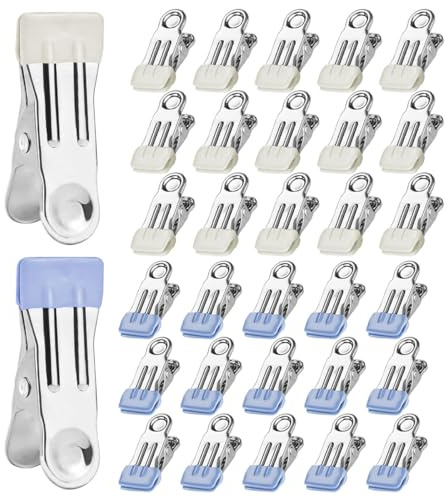 FONHREW 30 Pezzi Mollette per Bucato Antisegno,Mollette in Acciaio Inox Colorate Multifunzione Mollettes Bucato Senza Impronte Metallo per Calze Fotografie e Conservazione di Cibo (Azul y blanco)