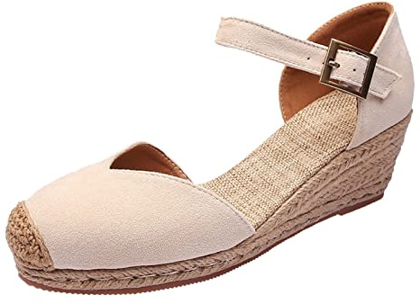 Générique Sandales Confort Femme Pieds Larges Chaussures Ete Été Bohème Denim Pêcheur Chaussures Femmes Compensées Talon Haut Tissé Plate- Femmes Espadrilles Orthopédiques Femme Été (Beige,42)