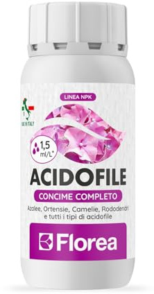 FLOREA Acidofile 250 ml | Concime Liquido per Azalee, Ortensie, Camelie, Rododendri e tutti i tipi di acidofile da balcone, terrazzo o giardino | Fioriture Abbondanti | 100% Made in Italy