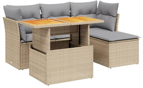 Foknhdi Gartenmöbel Set 6-TLG Beige Poly Rattan Sofa Garnitur mit Höhenverstellbarem Tisch 62x62x69 cm Lounge für Terrasse Balkon Garten