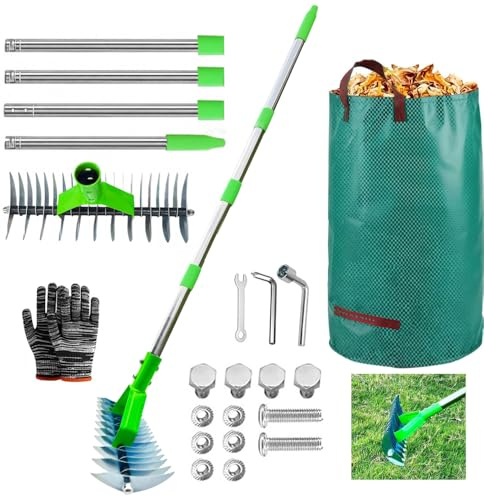 Rastrillo Escarificador para Césped con 163 cm Mango Telescópico,con Bolsa para residuos de jardín,Rastrillo Dethatcher Heavy Duty para Eliminar Hierba Muerta,Aflojar el Suelo (Verde, 163cm)