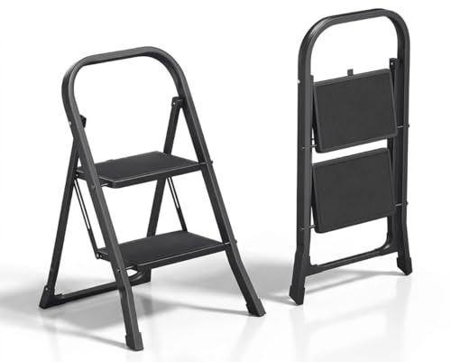 HYTAMA TOOLS Scala Scaletta 2 Gradini Pieghevole Black Mini, Nero con Piedini Antiscivolo, Struttura in Acciaio, Leggera, Multiuso, Certificata EN14183 Portata 150Kg