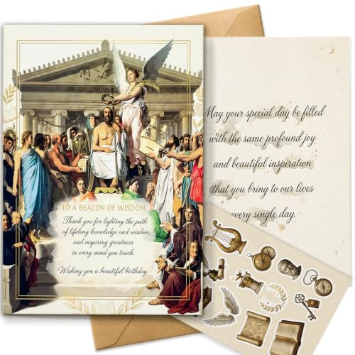 AIROW Teacher Birthday Card, Classical Fine Art Greeting Card for Educator - Beacon of Wisdom Theme, Standard A5 Size, Double-Sided Print, Original Design, Includes Kraft Envelope & Sticker Sheet