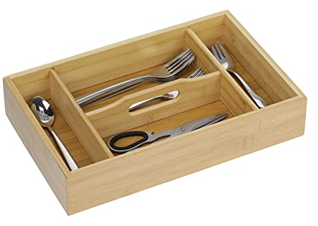 Relaxdays Besteckkasten Bambus, 4 Fächer, robuster Besteckorganizer mit Henkel, Maße HxBxT: ca. 7 x 37 x 23 cm, natur