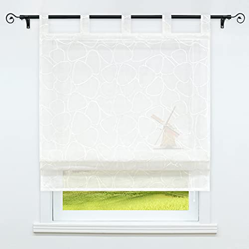 CORLIF Viole Raffrollo mit Schlaufen Transparente Raffrollo Leinenoptik Küchenvorhänge Schlaufenrollo Blinds Kreisestickereien Modern Weiß BxH 140x140cm 1 Stück