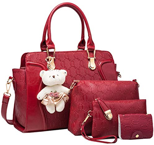 FiveloveTwoDamen 4Tlg. Handtaschen Set Umhängetasche Schultertasche Tasche PU Shopper Clutch Kartenhalter Geldbörse Tragetasche mit Bär Ornamente