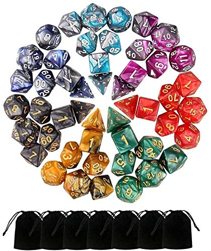 Monuary 49 Stück DND Würfel, Polyester Würfel und Rollenspiele für Dungeons & Dragons mit 7 Taschen, 7 Sets von RPG DND MTG D4 / D6 / D8 / D10(0-9 und 00-90) / D12 / D20