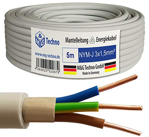 M&G Techno 5m NYM-J 3x1,5 mm² Mantelleitung Feuchtraumkabel Elektrokabel Kupfer Made in Germany, 10917, grau