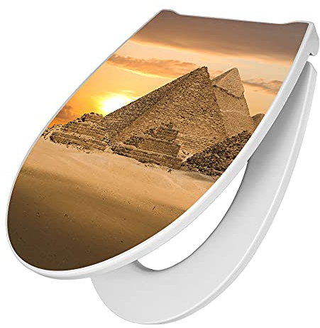 banjado Premium Toilettendeckel mit Absenkautomatik 45x38,4cm / WC Brille Soft Close/hygienischer Toilettendeckel/Klodeckel Duroplast mit Edelstahl Scharnier/Motiv Pyramiden