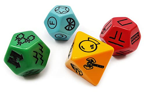 Bescon's Dungeon and Wilderness Terrain, Dungeon Feature and Treasure Type Dice Set, 4 piece Proprietary Polyhedral RPG Dice Set, Red, Green, Yellow with Black Print