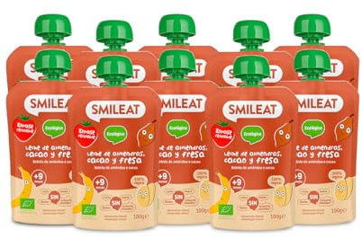 Smileat - Pack de 10 Pouch de Frutas Ecológicas - Sin Sal ni Azúcar Añadido, Sin Gluten - Snack Práctico para Peques - Sabor a Leche de Almendra, Cacao y Fresa