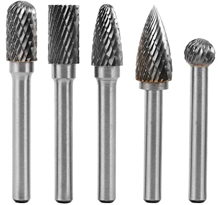 Mesee 5Pcs Double Coupe Fraises Rotatives en Carbure de Tungstène, Lime Rotative de Tige 6.35mm pour Ponceuse Perceuse Électrique, Mèche Cylindrique Rotary Burr Pour Polissage Gravure sur Bois Métal