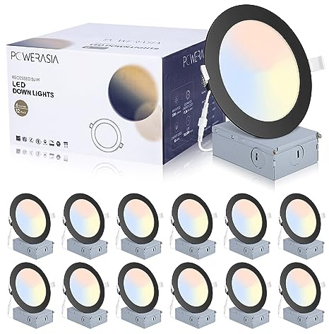 12 Pack Recessed Lighting 6 Inch with Junction Box, 5CCT 6 Inch Black LED Recessed Lights Dimmable 2700K/3000K/4000K/5000K/6000K, 15W1200lm Ultra Thin Recessed Lighting - ETL and Energy Star Certified