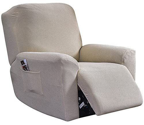 Highdi Stretchhusse für Relaxsessel Komplett Sesselschoner, Gestrickter Jacquard Stretch Relaxsessel Bezüge 4 Stück - Elastisch rutschfest Sesselbezug für Fernsehsessel Liege Sessel (Beige)