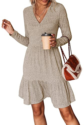 CUPSHE Stickad klänning för kvinnor, v-ringad, långärmad tröjklänning, stickad tröja, ledig tröja, tunika, stickad miniklänning, sand, XL