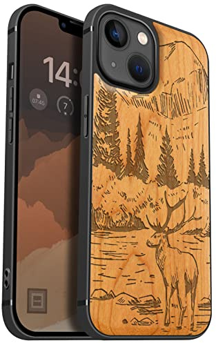Carveit Holz Hülle für iPhone 13, Kirschholz-Berge und Hirsche | Cover kompatibel MagSafe [Holz und TPU Silikon Hybrid Hull] Magnetisch Case für iPhone 13 Handyhülle