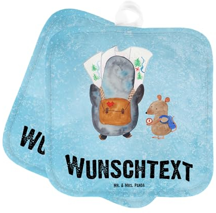 Mr. & Mrs. Panda Personalisierte Topflappen Pinguin & Maus Wanderer - Geschenke, Personalisiert, Ausflug, Wandern, Roadtrip, Personalisierter Ofenhandschuh, Set, mit Namen, Topfuntersetzer, Abenteuer