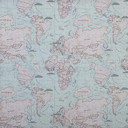 Kt KILOtela - Digitaldruck Leinwandstoff, Half Panama Baumwolle, Dekoration, Schiefer, Kissen, Vorhänge, Tagesdecken, Tischdecken, 100 cm lang x 280 cm breit, Weltkarte, Blau - 1 Meter