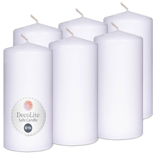 DecoLite Stumpenkerzen Weiß 6er Set 130x70mm Selbstverlöschend RAL | RAL-geprüft, Safe Candle selbstverlöschend, Abbrandstopp, tropf- & rußfrei, 6 Stück, 130x70 mm, 61 h
