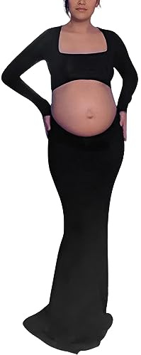 Bhome Maternity Photoshoot Dress Long Sleeve Sexy Cut-out Backless Maternity Maxi Gown Photography Outfits Black M