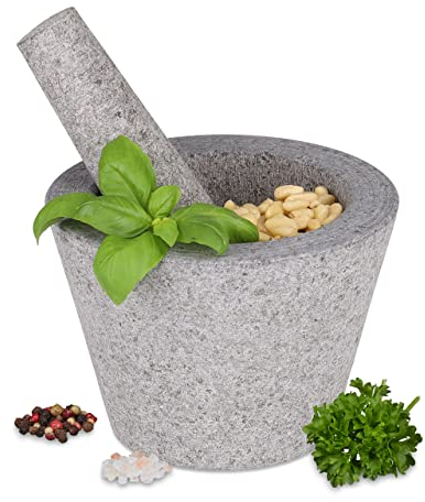 Relaxdays Mörser mit Stößel, Granit, HxD: 10x14 cm, robust, langlebig, unpolierter Steinmörser, Gewürze & Kräuter, grau