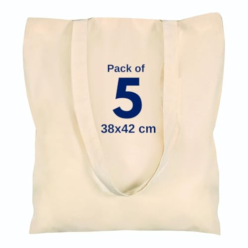 DRAPES & DECOR Cotton Canvas Plain Tote Bags to Decorate in Bulk Pack of 5/10/25/50, 145gsm 100% Natural Cotton Premium Fabric Blank Reusable Large Canvas bag -38 X 42 cm+65cm long Handles
