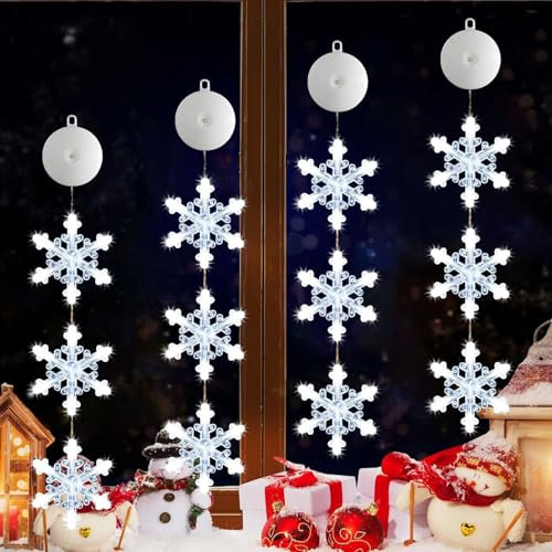 Éclairage de Noël pour fenêtre intérieur, flocon de neige éclairé avec piles, 4 pièces de lumières LED suspendues pour fenêtre, lumière intérieure suspendue pour fenêtre, lumière de Noël pour fenêtre