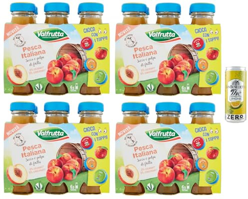 24er-Pack Valfrutta Succhi di Frutta Pasca, Fruchtsaft mit Italienische Pfirsiche,alkoholfreies Getränk,125ml Einweg-Glasflasche + 1er-Pack San Benedetto Eistee mit Zitrone Ohne Zucker 330ml Dose