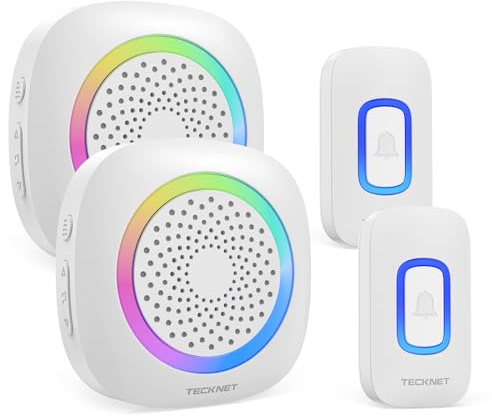 TECKNET Funkklingel Set, 2 Empfänger 2 Sender, Batteriebetrieben, Weiß | 400 m Reichweite, IP66 Aussen Wasserdicht, RGB-Blitz, 60 Melodien, 5 Lautstärkestufen (0-110dB)