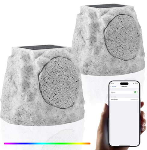 GGII 2-Pack Rock Speakers Outdoor Water-Resistant IP44 Solar-Powered Rock Speaker with RGB Light and TWS Pair for Patio Garden Party Pool Deck Yard Outside
