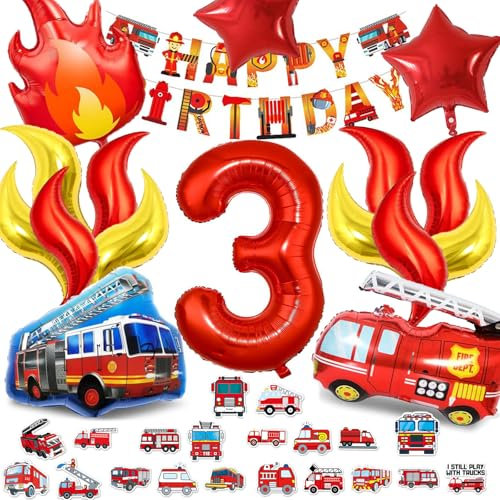 Funnity Feuerwehr Geburtstag Deko 3 Jahre, Feuerwehr Kindergeburtstag 3 Jahre, Jungen Geburtstags Dekoration, Feuerwehrauto Themenparty Dekoration