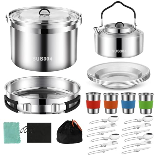 Jorunhe Camping Cookware Mess Kit,304 Stainless Steel Camping Cooking Set,Camping Pot and Pan Set with Blows Cups Plates Forks Knives Spoons for Hiking, Picnic, Camping for 4 People