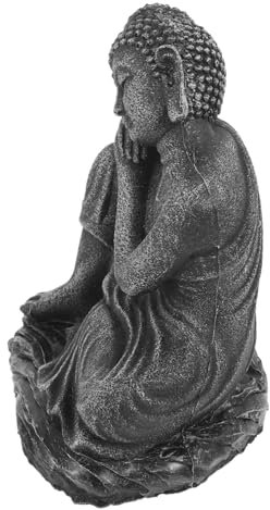 ULDIGI Sitzende Buddha-Figur Aus Kunstharz in Retro-Silbergrau Schräger Kopf Schlafende Statue Buddhismus-Ornament Wohnzimmer-Dekoration Schreibtischschmuck Zen-Garten-Accessoire Regal-de
