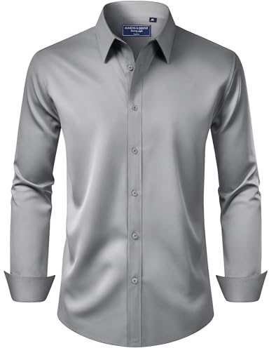 Alimens & Gentle Grey Dress Shirts for Men Stretch Stain Shield Long Sleeve Regular Fit Solid Business Casual Button Down Shirts,Grey,Large